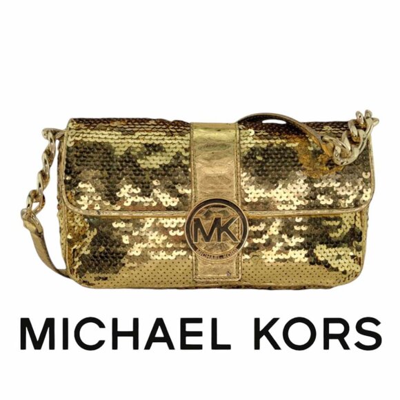 MICHAEL Michael Kors Handbags - AUTHENTIC Michael Kors Gold Fulton Sequined Sm Flap Leather Handbag